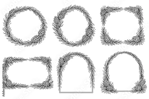 Festive pine cone frames in black and white for holiday decor and invitations