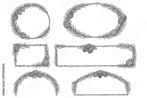 Elegant pine cone frames: rustic hand-drawn holiday borders for winter design