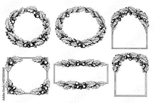 Intricate hand drawn oak leaf and acorn wreath and frame collection