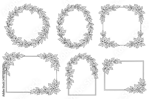 Elegant black and white leaf frames for invitations and seasonal design