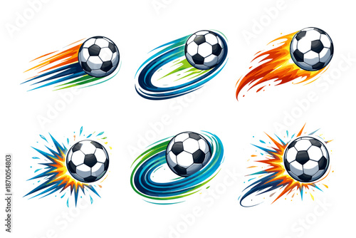 Dynamic soccer ball designs showcasing speed and motion with colorful streaks