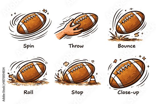 Dynamic football motions: spin, throw, bounce, roll, stop, close-up illustrations