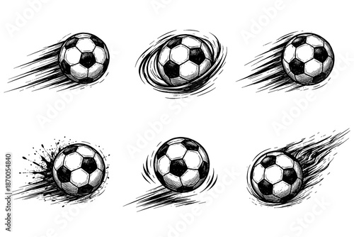 Dynamic sketch of soccer balls in motion with artistic brushstroke effects