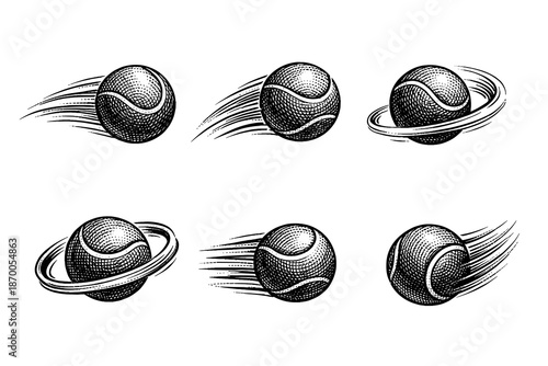 Dynamic tennis balls in motion: vintage engraving style with speed effect