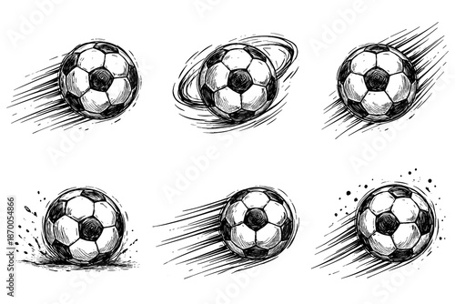 Dynamic sketch style soccer balls in motion capturing speed and energy