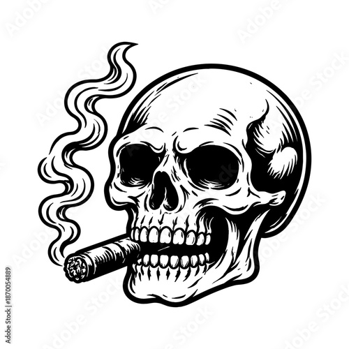 Smoke and skull with cigarette: bold black and white tattoo design