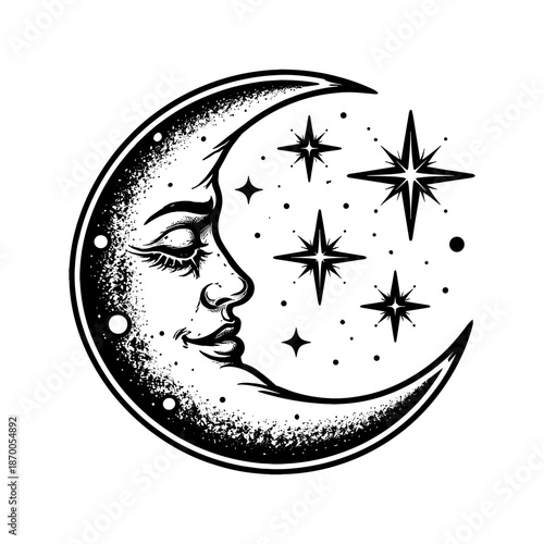 Vintage style celestial moon with stars design for tattoos or decor