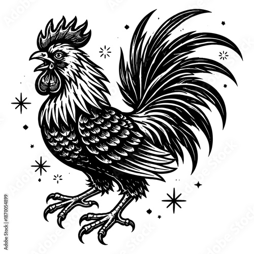 Intricate black and white rooster design with stars