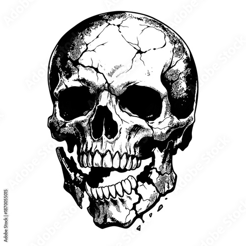 Detailed skull artwork with cracked texture for tattoo or gothic design
