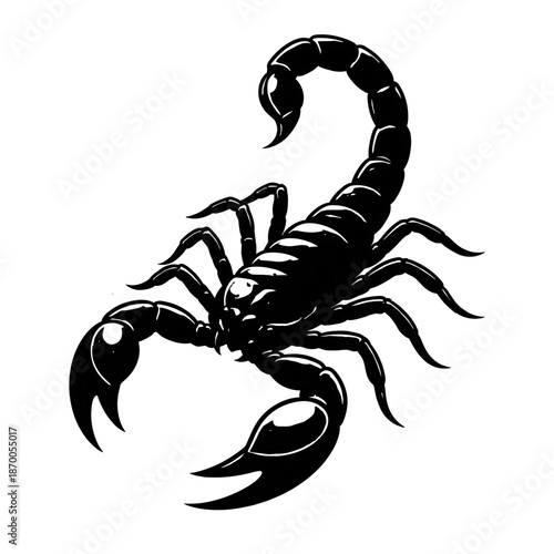 Dark scorpion silhouette: striking arachnid with curved tail and claws in black and white design