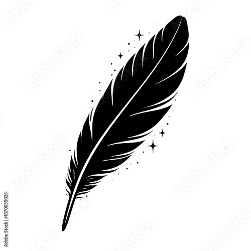 Elegant black silhouette feather with sparkles on white background