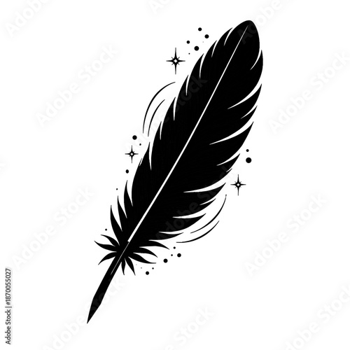 Elegant feather silhouette with stars and sparkles on white background