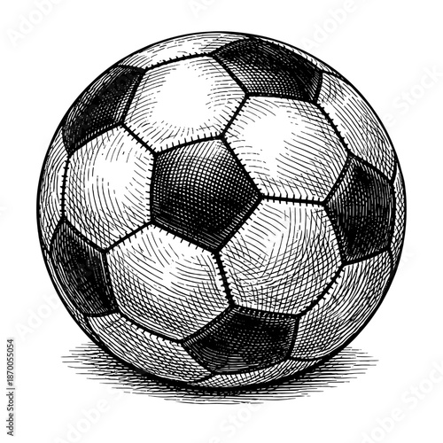 Vintage engraving of classic soccer ball with intricate crosshatch design