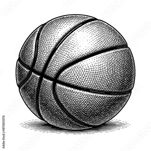 Detailed hand-drawn basketball with vintage engraving style and shaded texture