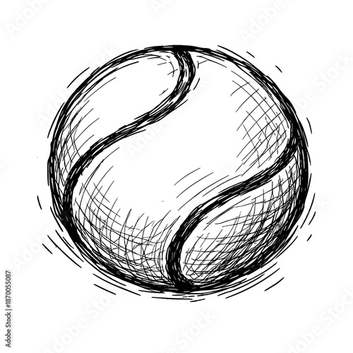 Hand drawn tennis ball sketch with textured lines on white background