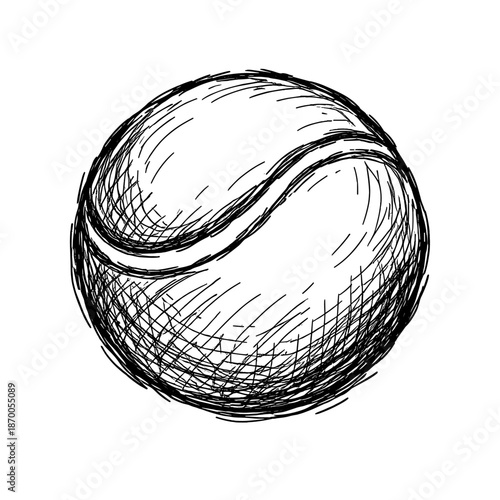 Hand drawn tennis ball sketch with detailed crosshatching style
