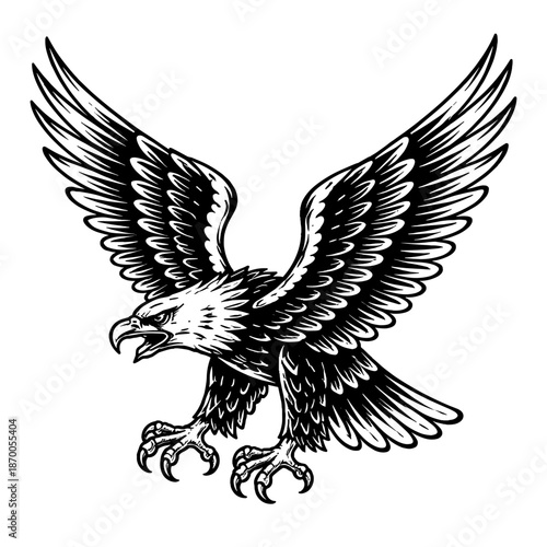 Majestic eagle in flight with outstretched wings in monochrome ink print style
