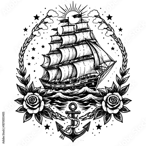 Vintage nautical tattoo art with sailing ship, anchor, and roses