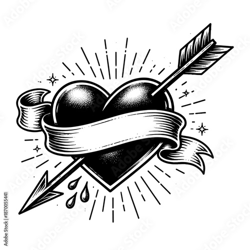 Hand drawn tattoo style heart with arrow and banner
