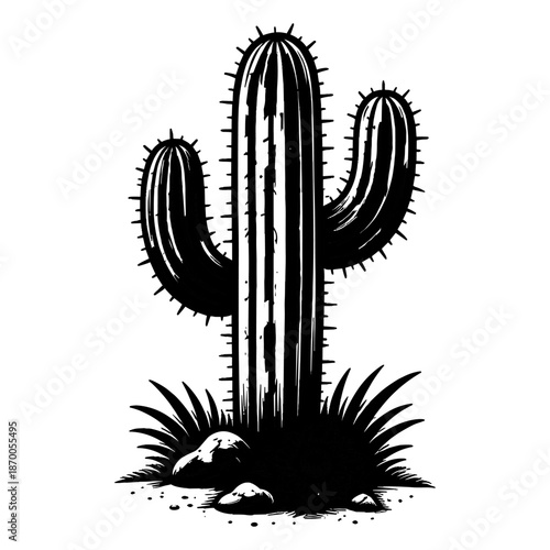 Silhouette of a desert cactus with rocks and grass in black and white art style