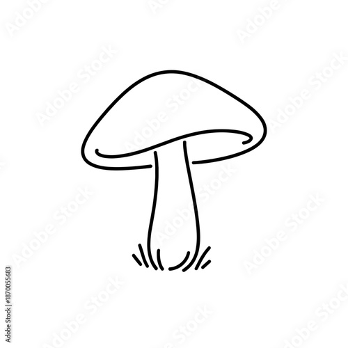 Minimalist outline of a mushroom with simple black lines on white background