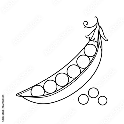 Simple black and white linear pea pod with seven peas