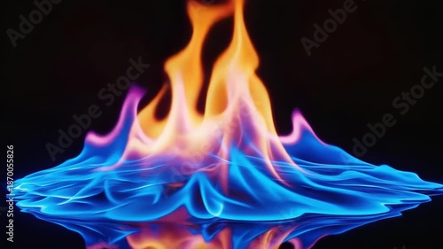 Vibrant flame with blue and orange hues against black background - 4k video