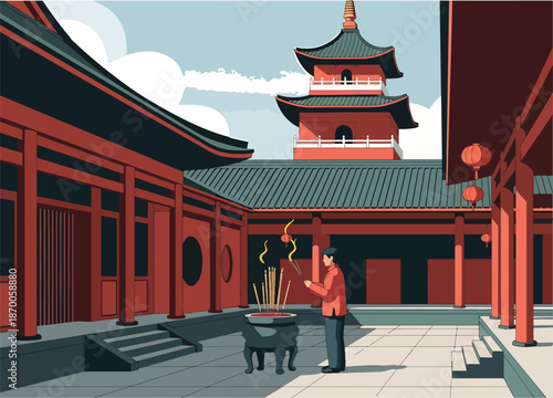 Man Lighting Incense Sticks at Temple Courtyard Vector Illustration