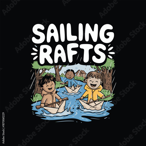 Sailing Rafts" - Diverse children joyfully navigate paper boats down a flooded street during a rain shower, illustrative vector style.