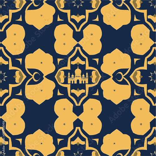 Elegant Ramadan Seamless Islamic Pattern in Navy Blue and Gold