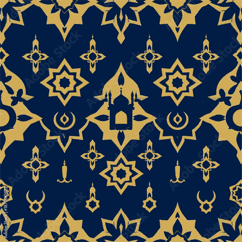 Elegant Ramadan Seamless Islamic Pattern in Navy Blue and Gold