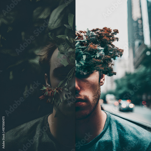 Split portrait of man with foliage in nature and urban settings