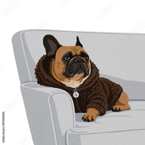 Cute French bulldog relaxing on a sofa, wearing a cozy sweater. Isolated flat vector illustration with soft colors, perfect for pet designs, home decor, posters, cards and dog lover projects.