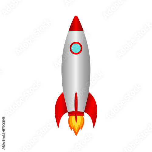 Rocket launches upward with flames for web, app, print. Stock Vector