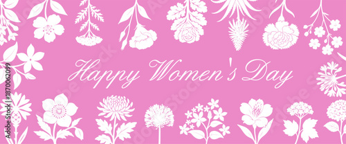 Postcard with white flowers on a pink background. Happy Women's Day. Hand drawn. Not AI vector