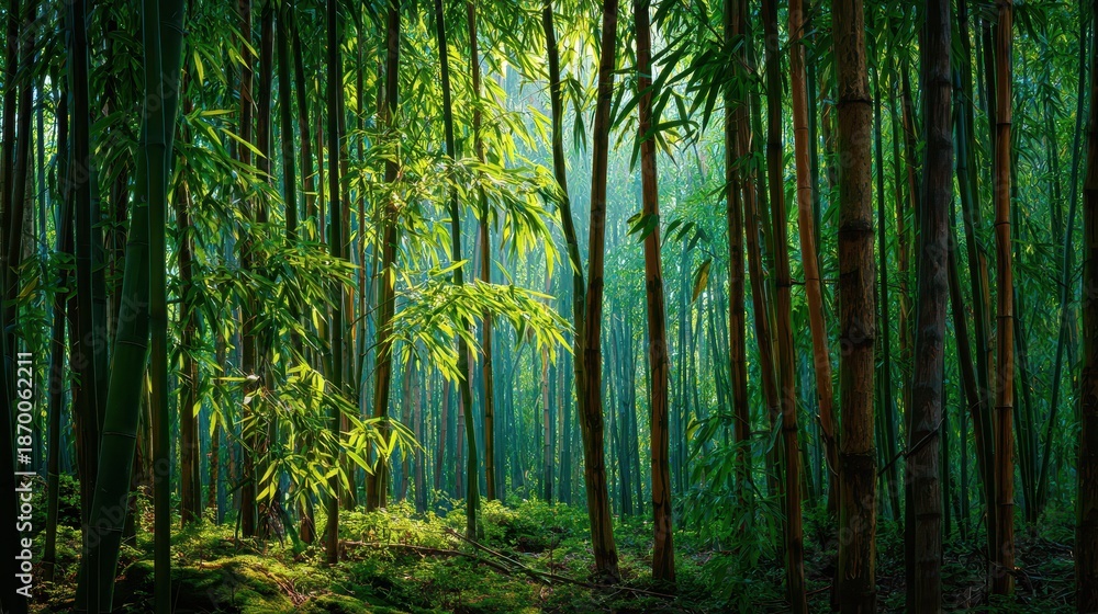 Fototapeta premium Sunlit bamboo grove in a tranquil summer forest