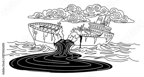 Black and white illustration of a shipwreck causing a massive oil spill pollution