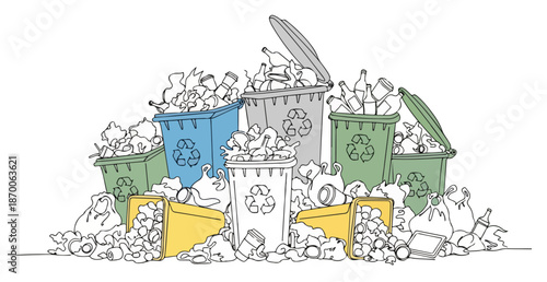 Continuous line drawing of overflowing recycling bins and piles of garbage bags