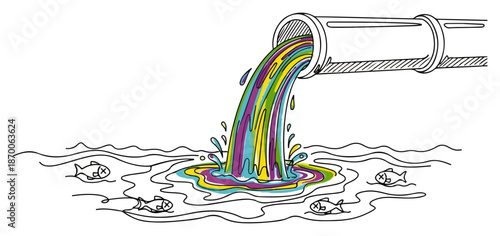 Continuous line drawing of toxic industrial waste pouring into water with dead fish