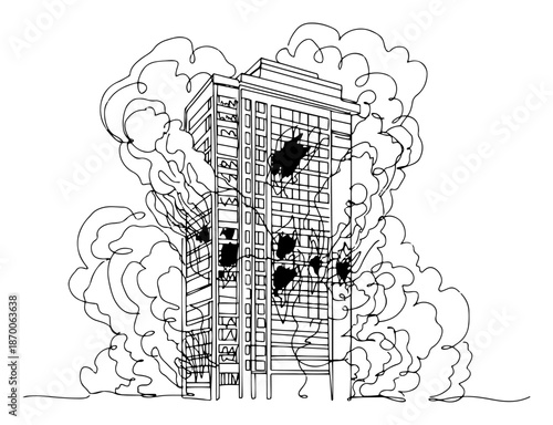 Continuous line drawing of a burning high rise building engulfed in smoke