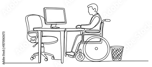 Continuous line drawing of office worker in wheelchair at computer desk