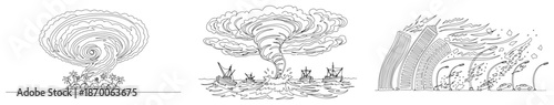 Sketch collection of natural disasters including tornado hurricane and storm damage