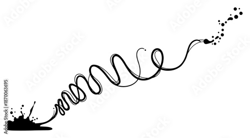 Paintbrush drawing a long swirling line ending in a black ink splash