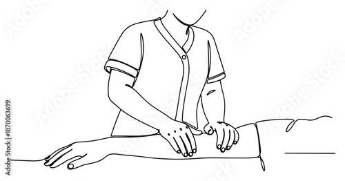 Continuous line drawing of a physiotherapist giving a patient an arm massage