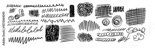 Set of hand drawn scribble symbols isolated on white. Doodle style sketches. Shaded and hatched badges and bubble shapes. Monochrome vector design elements.