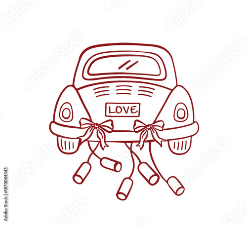 Vector illustration. Wedding car. Tin cans tied to the car. Line art illustration. Valentine's Day card. Going on a honeymoon. Newlyweds in the car. Bows on the car. Wedding decorations.