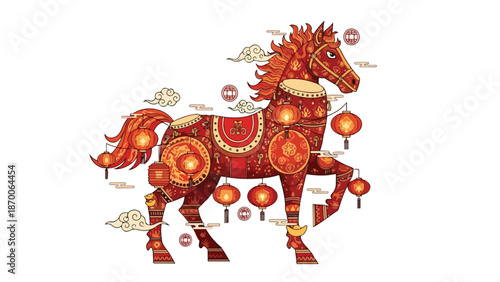 Vibrant Chinese New Year Horse Illustration with Lanterns