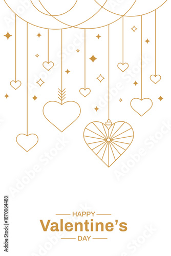 Luxury valentine's day banner with gold hanging hearts, minimalist elegant greeting card on white background.