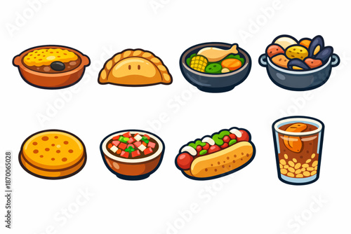 Vector Illustration of a Chilean Traditional Food Icon Set with Pastel de Choclo, Empanadas and Classic Dishes on a White Background
