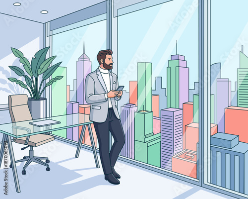 Successful businessman standing in modern office with panoramic glass windows and city skyline view, holding smartphone, flat vector illustration of corporate leadership and business success.